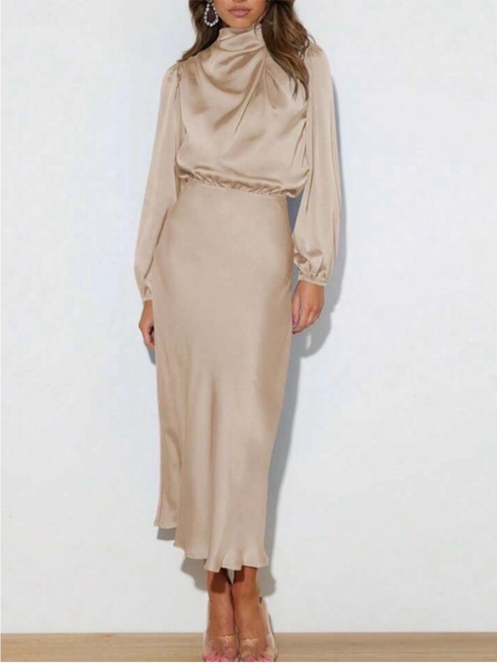 Satin Bias Midi Skirt in Beige